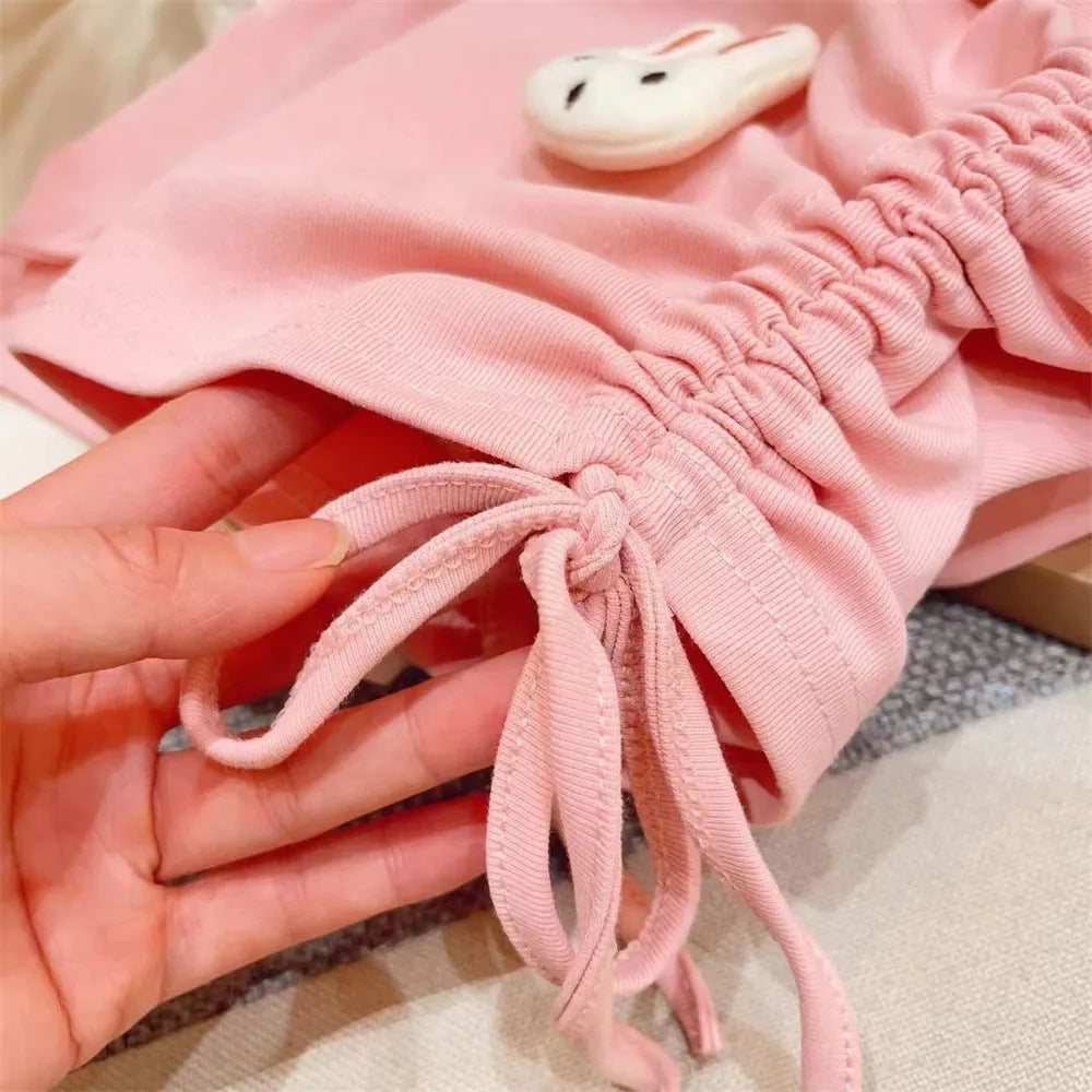 New summer set for girls, cute 3D bunny drawstring top and shorts, For 5-7 Years, Imported From China