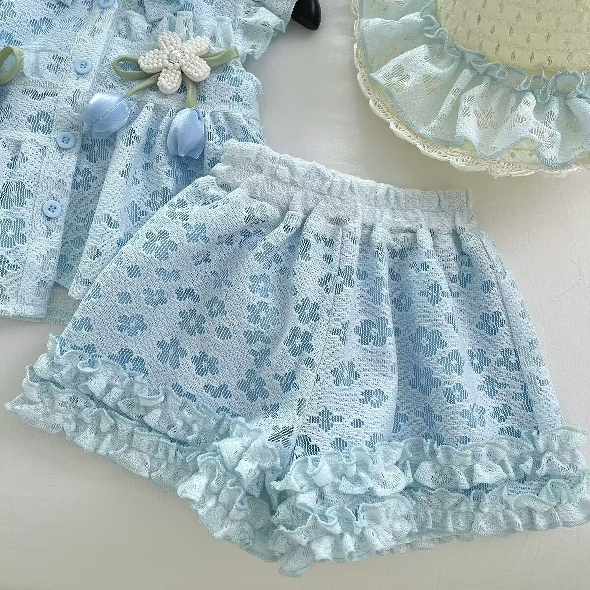 Summer Girls Suit Lace Flower Vest Top Lace Shorts Baby, For 4-7 Years, Imported From China