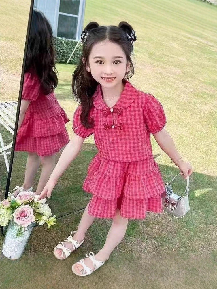 Girls' Fashionable and Sweet Plaid Skirt Suit Summer Ruffled, For 1-2 Years, Imported From China