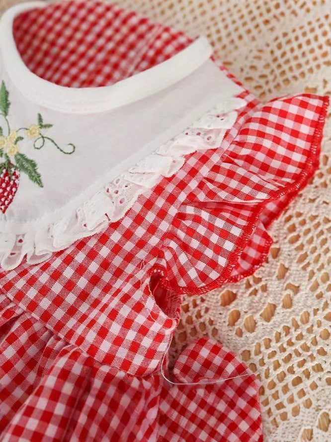 New summer style red plaid thin embroidered lace cotton triangle romper for 0-3 month, Imported From China