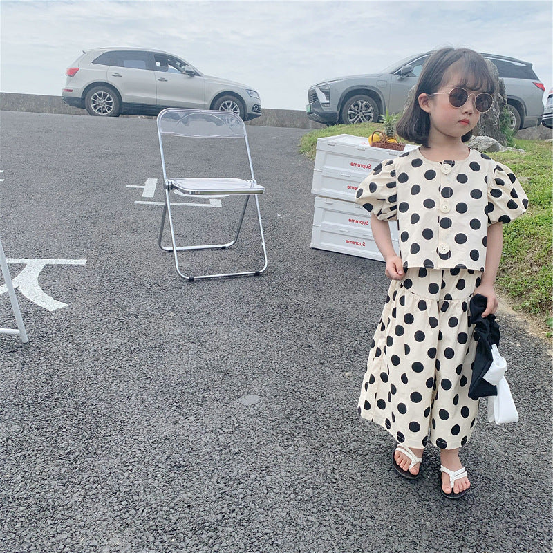 Girls' Outfit Polka Dot Short Top with Loose Wide-Leg Pants Summer, For 12-18 Months, imported From China