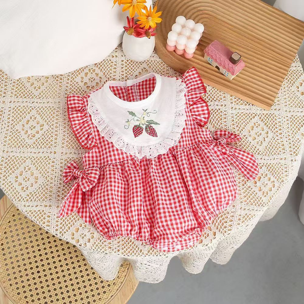 New summer style red plaid thin embroidered lace cotton triangle romper for 0-3 month, Imported From China