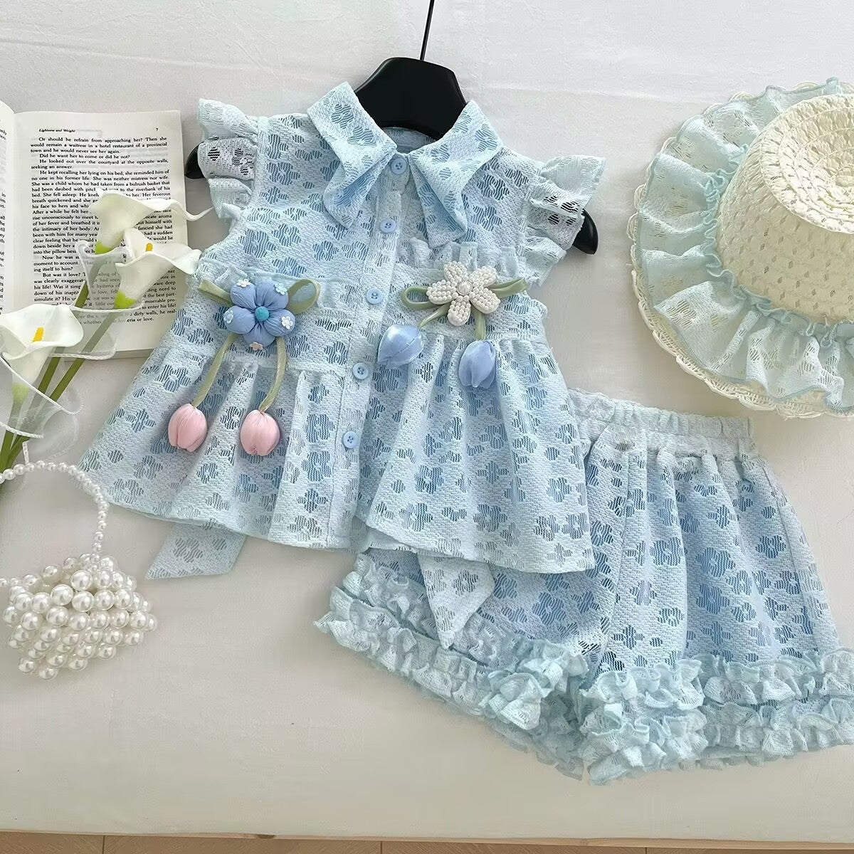 Summer Girls Suit Lace Flower Vest Top Lace Shorts Baby, For 4-7 Years, Imported From China