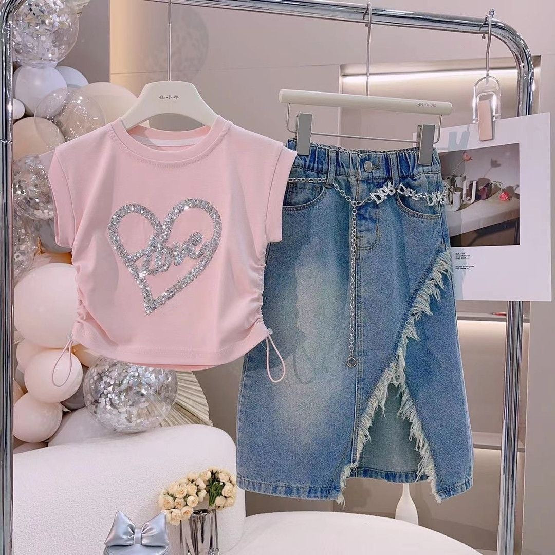 Girls' Summer Outfit Stylish Sequin Heart Short-Sleeve Top with Denim Skirt Two-Piece Set Trendy For 3 Years, Imported From China