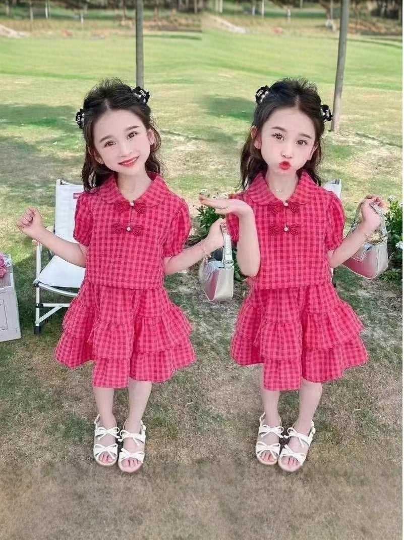 Girls' Fashionable and Sweet Plaid Skirt Suit Summer Ruffled, For 1-2 Years, Imported From China