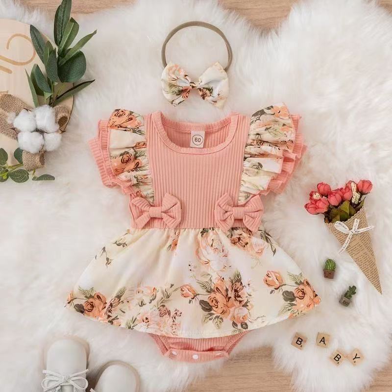 Baby romper dress with floral trim and bow, short-sleeved, For 0-18 Month, Imported From China