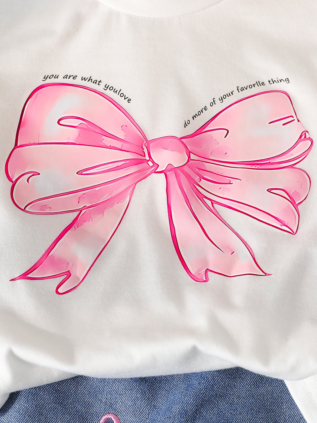Girls Round Neck Printed Knitted Top Bow Embroidered Jeans Suit Two-Piece Set For 5 Years Imported From China