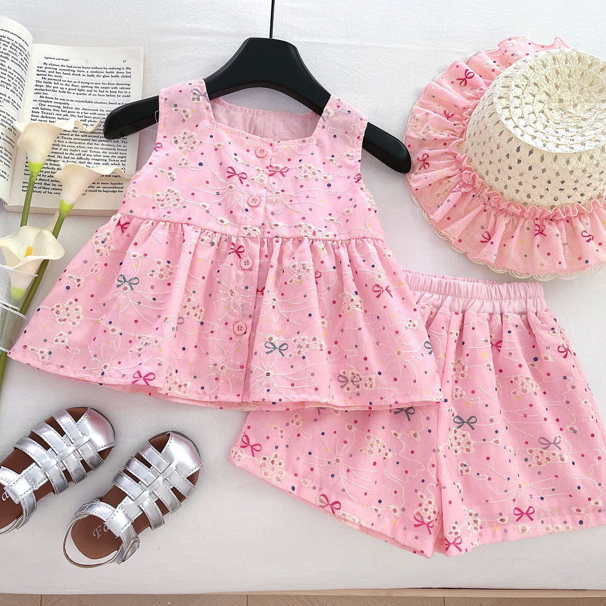 Summer New Girls' Outfit, Cute Bow Embroidered, For 1-6 Years, Imported from China