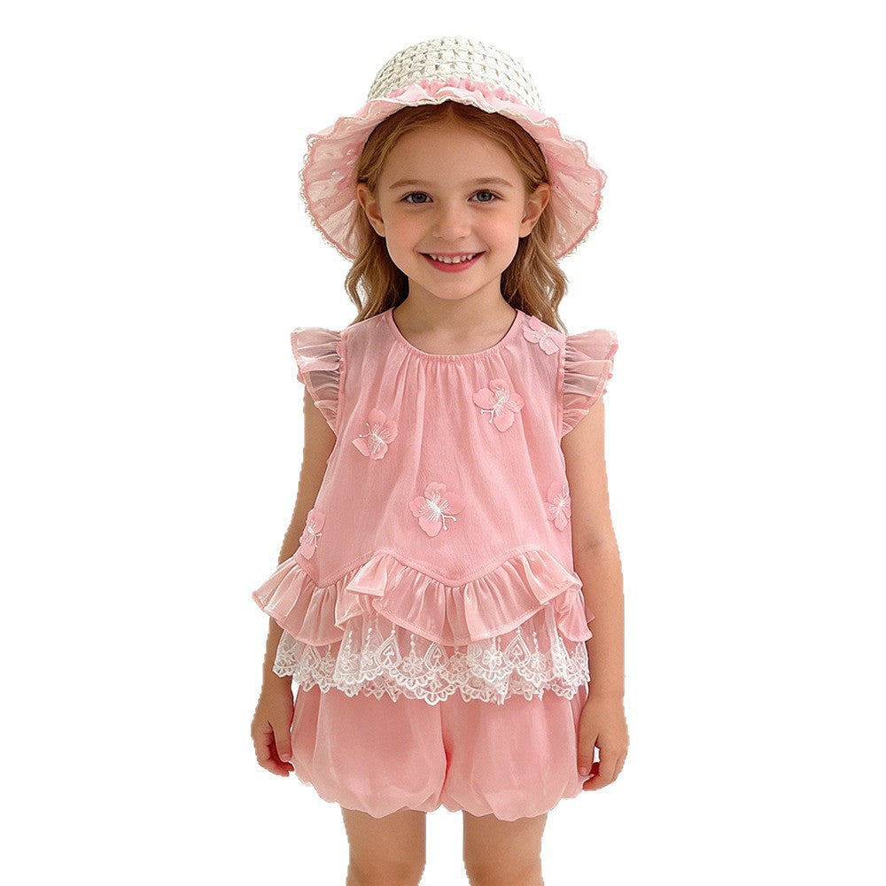 Summer New Sweet Style Girls' Bow-Tie Lace Vest and Shorts Set, For 5-6 Years, Imported From China