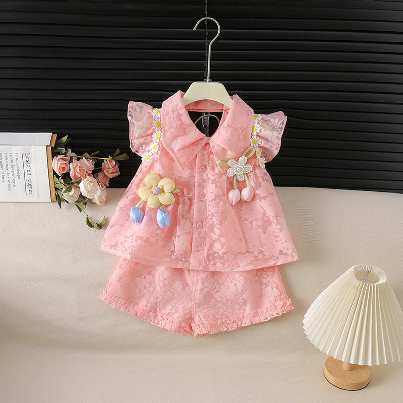 Korean style single-breasted floral print lightweight summer set for girls, for 2-6 years Imported From China