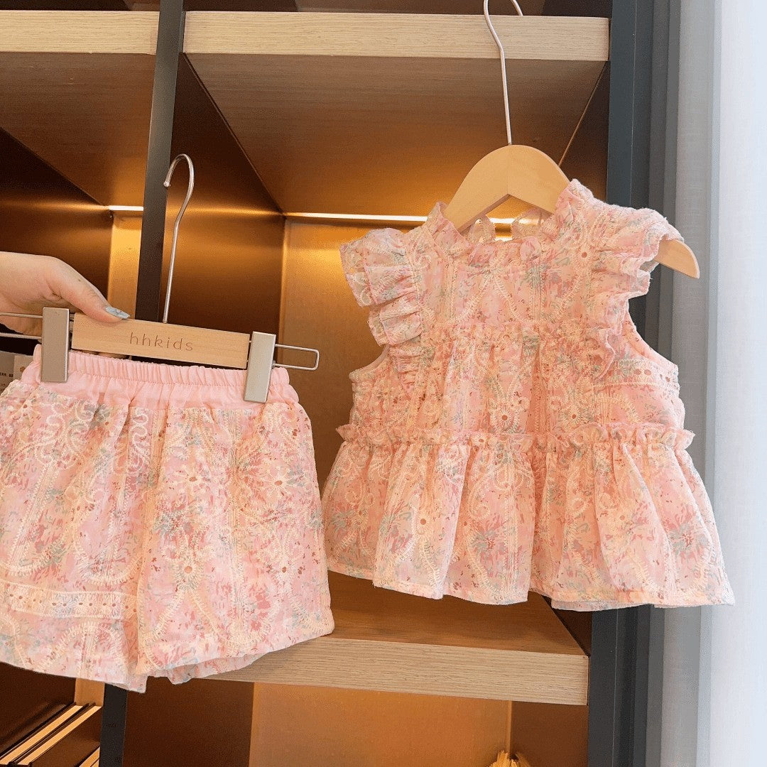 Summer New Girls' Pink Embroidered Flutter Sleeve Baby doll Top, For 2-6 Years  Imported From China