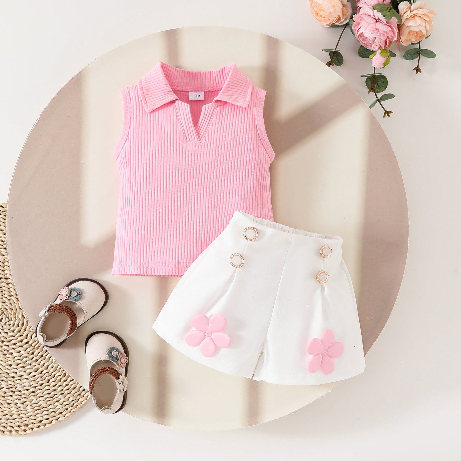 Sweet toddler girl sleeveless lapel open chest pit top applique for 6-36 months,pink tops white pant  imported from china
