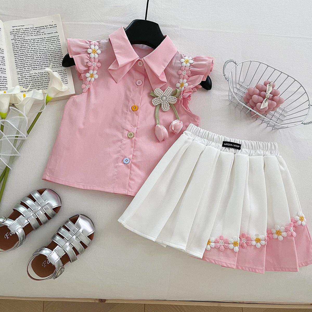 Girls Summer Small Flying Sleeve Shirt Skirt Suit Lace Short-Sleeved, For 1-2 Years, Imported from China