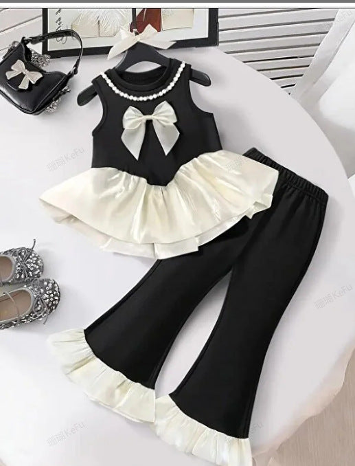 Girls' Little Chanel Style Set: Summer Sleeveless Bow-knot Top + Pant, Black, For 3-6 Years, Imported From China