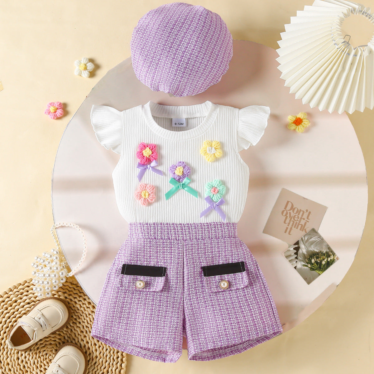 Summer baby girl pants set, solid color ribbed round neck T-shirt, 0-24 Months, Imported From China