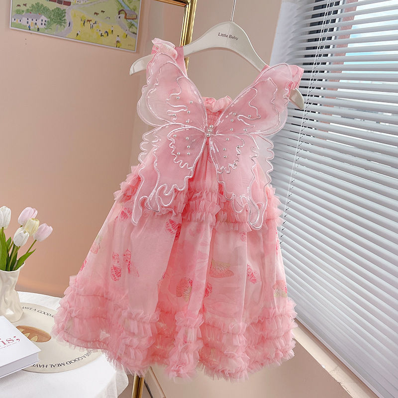 Girls Summer New Arrival dress Children Pink Butterfly Mesh Princess Dress For 2-3, 7-8 Years, Imported From china