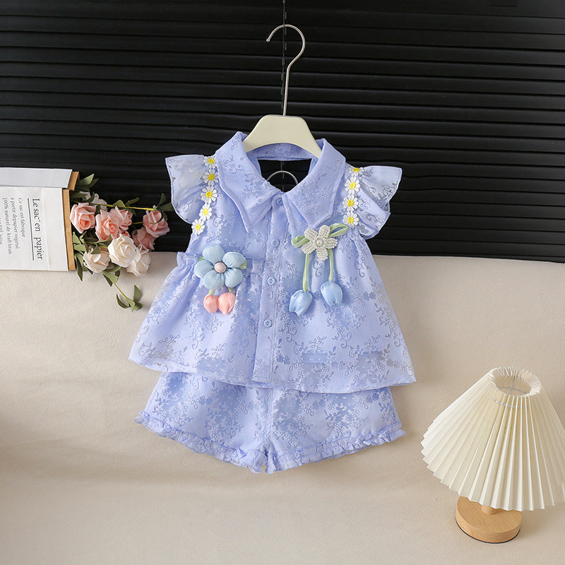 Korean style single-breasted floral print lightweight summer set for girls, For 2-6 Years Imported From China