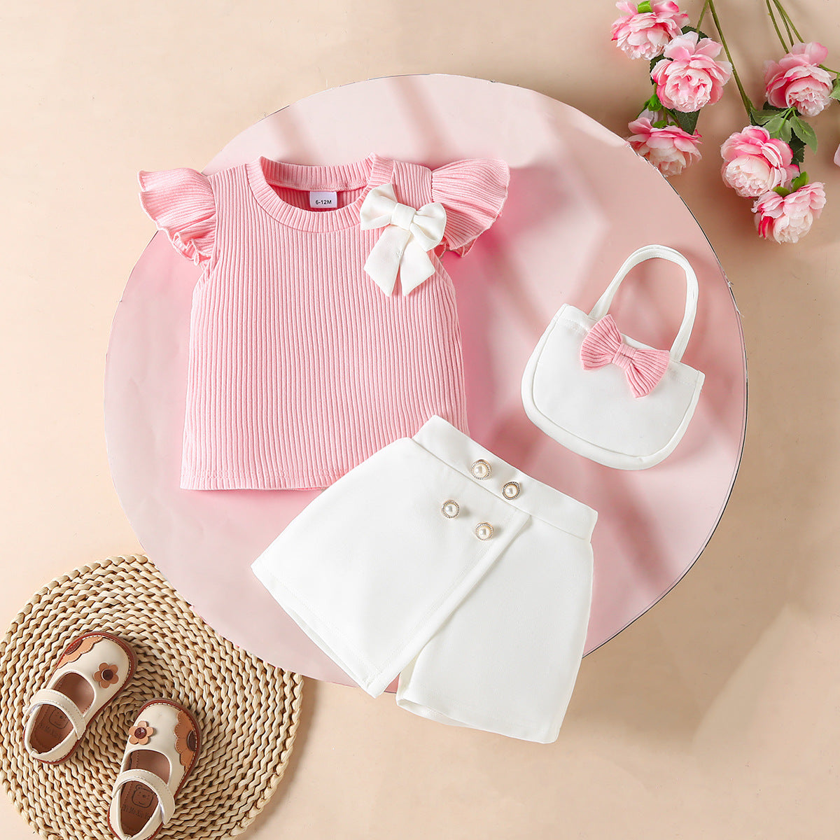 Summer Girls' Suit with Bow, Pink Tops, White Pant, For 3-12 Months  Imported From China