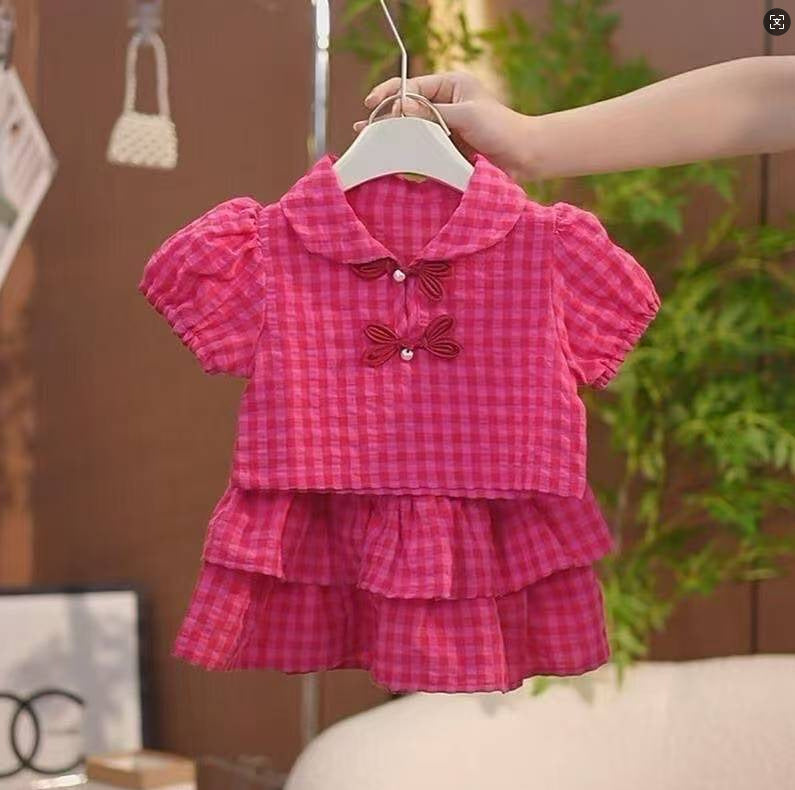 Girls' Fashionable and Sweet Plaid Skirt Suit Summer Ruffled, For 1-2 Years, Imported From China
