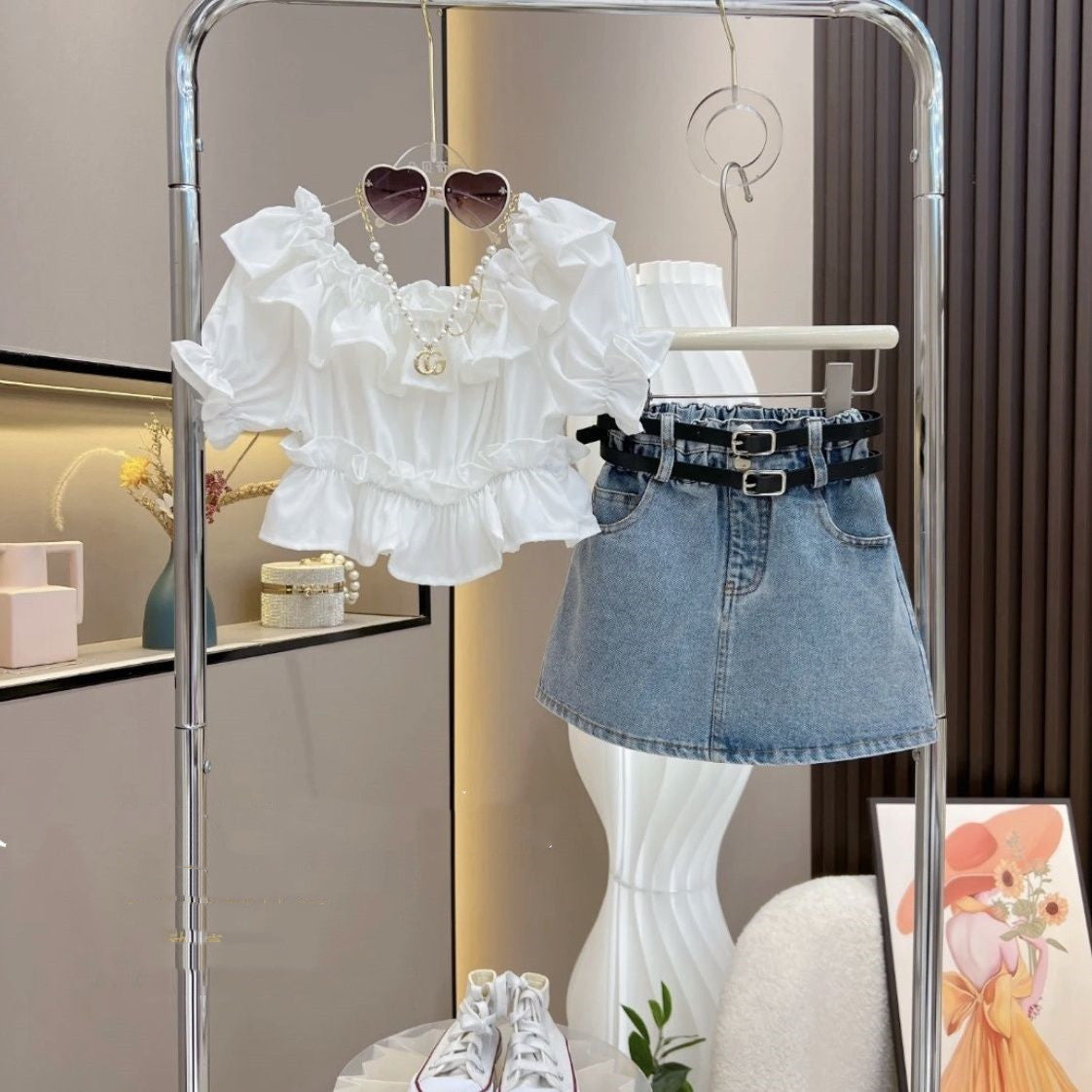Ancorelala Girls' Popular 2026 Fashion Ruffled Top and Denim Skirt For 4-5 Years, Imported From China