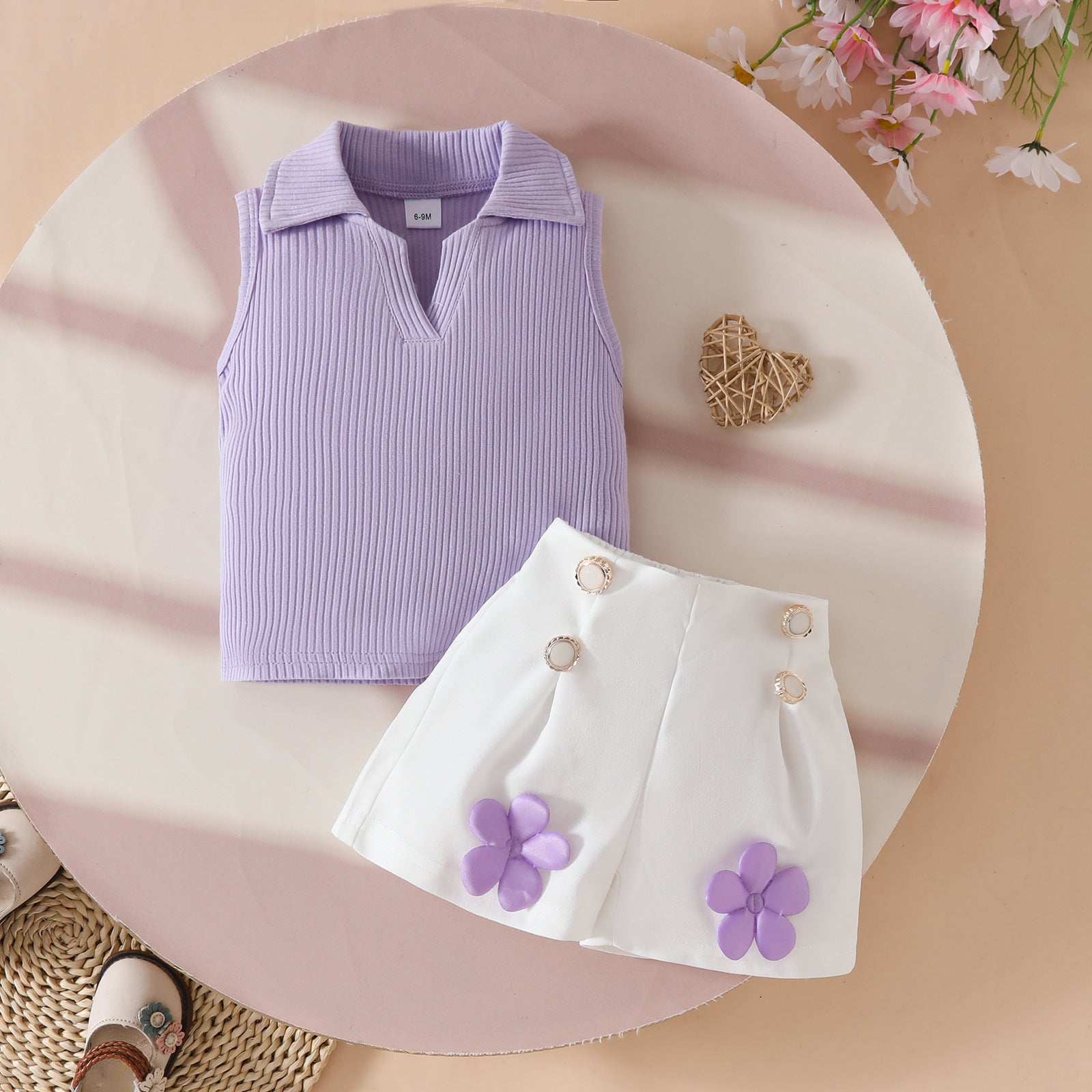 Sweet toddler girl sleeveless lapel open chest pit top applique for 6-48 months, purple tops, white pant  imported from china