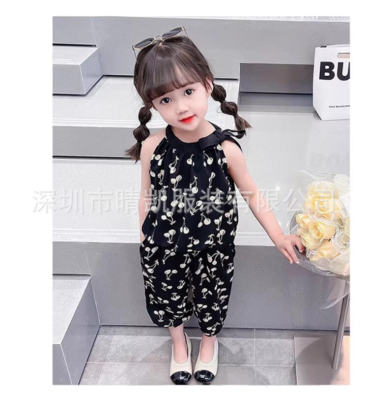 New stylish summer casual girls' suit with cherry blossom halter neck, For 1-2 Years, Imported From China