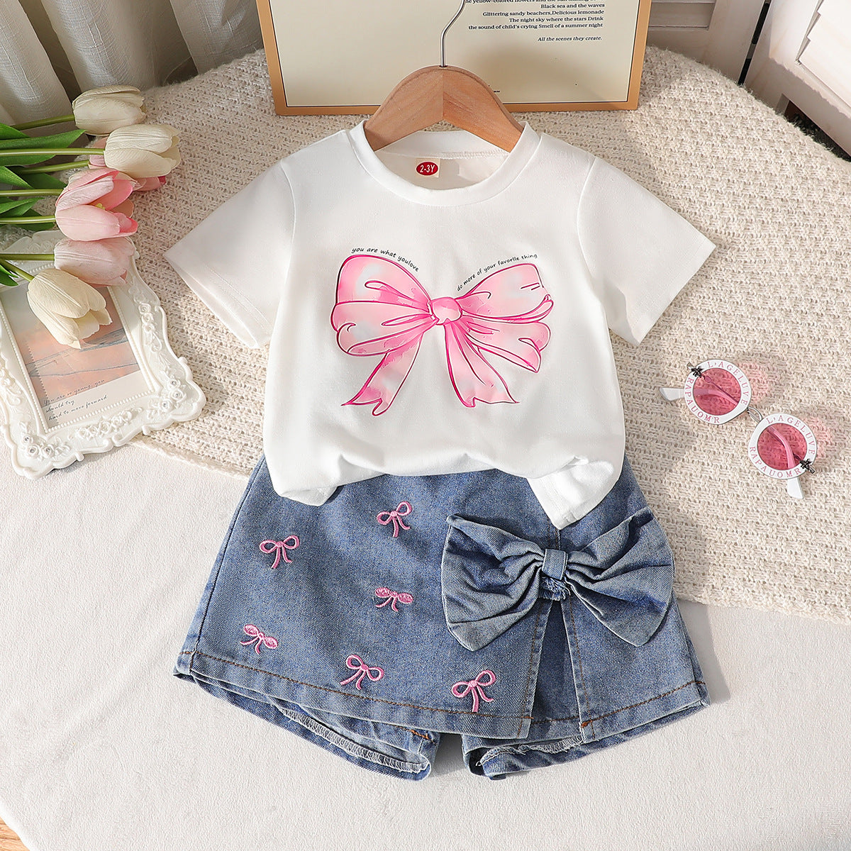 Girls Round Neck Printed Knitted Top Bow Embroidered Jeans Suit Two-Piece Set For 5 Years Imported From China