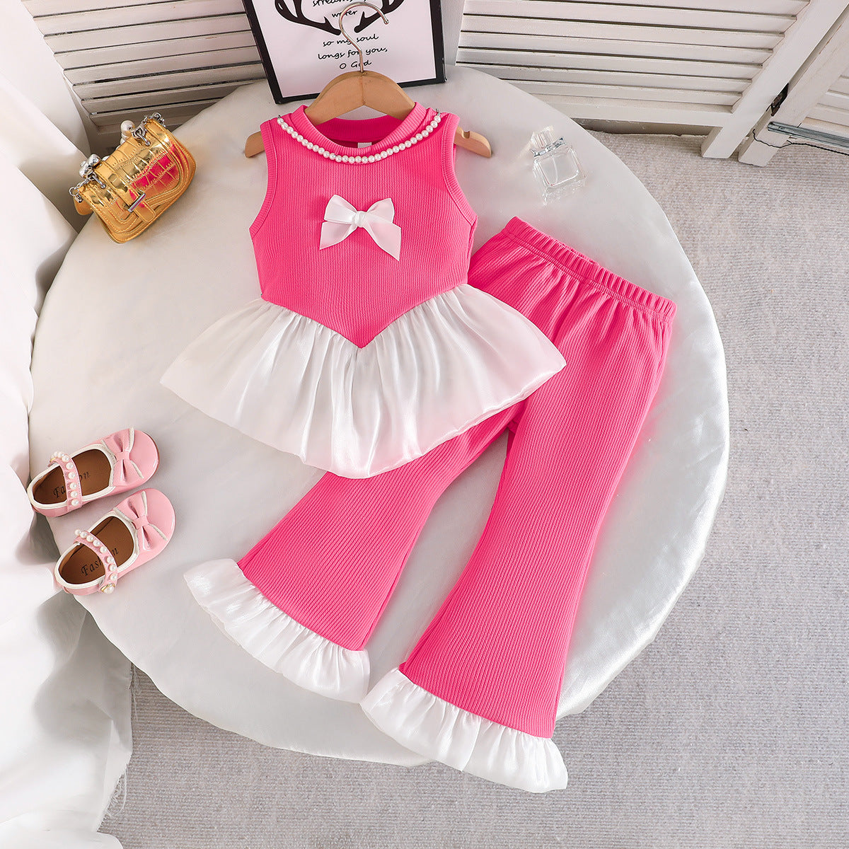 Girls' Little Chanel Style Set: Summer Sleeveless Bow-knot Top + Pant, Pink, For 3-8 Years, Imported From China