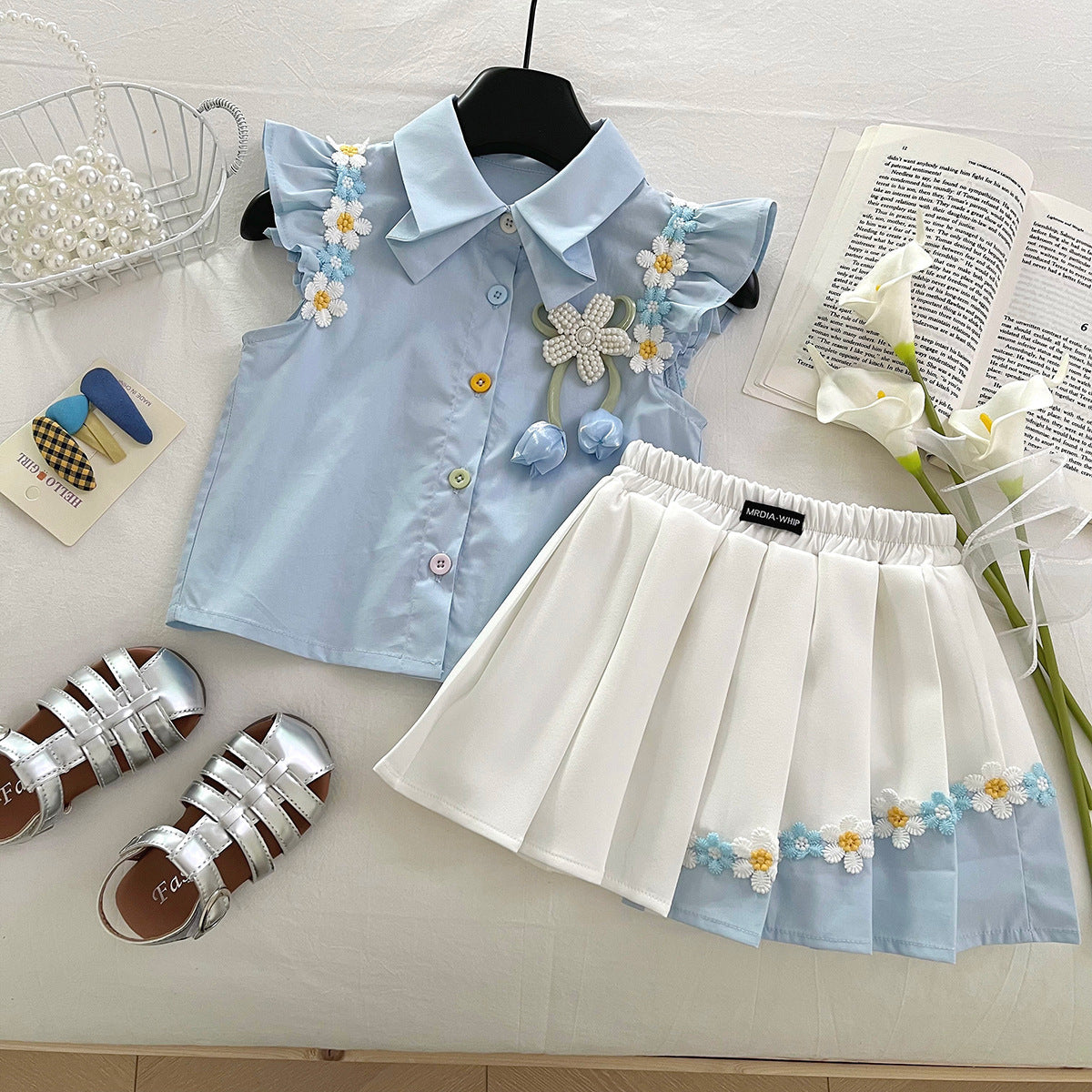 Girls Summer Small Flying Sleeve Shirt Skirt Suit Lace Short-Sleeved, For 1-3 years Imported from China