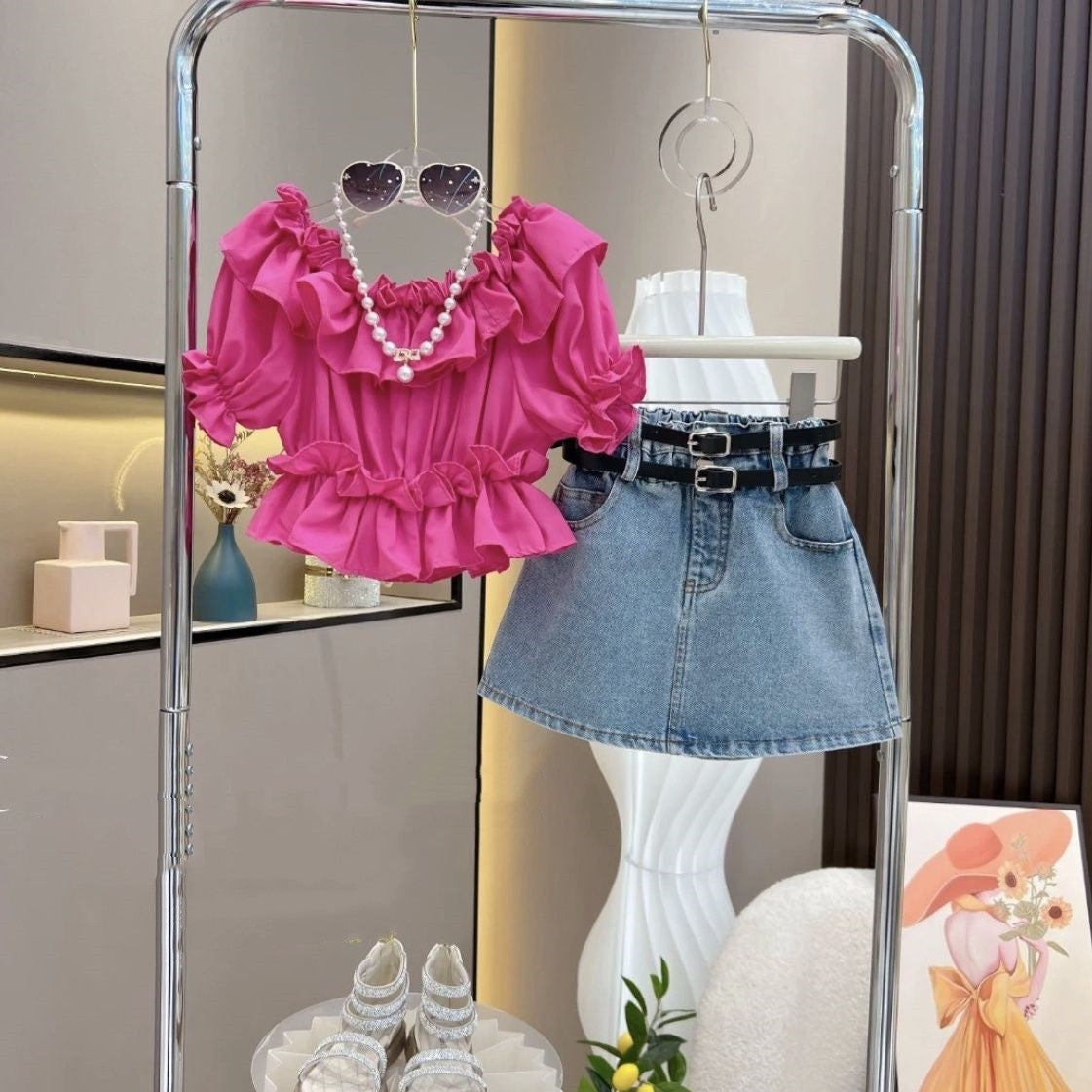 Ancorelala Girls' Popular 2026 Fashion Ruffled Top and Denim Skirt For 2-4 Years, Imported From China