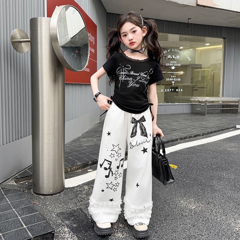 Trendy Korean-style lace-trimmed two-piece set for girls, For 6 Years, Imported From China