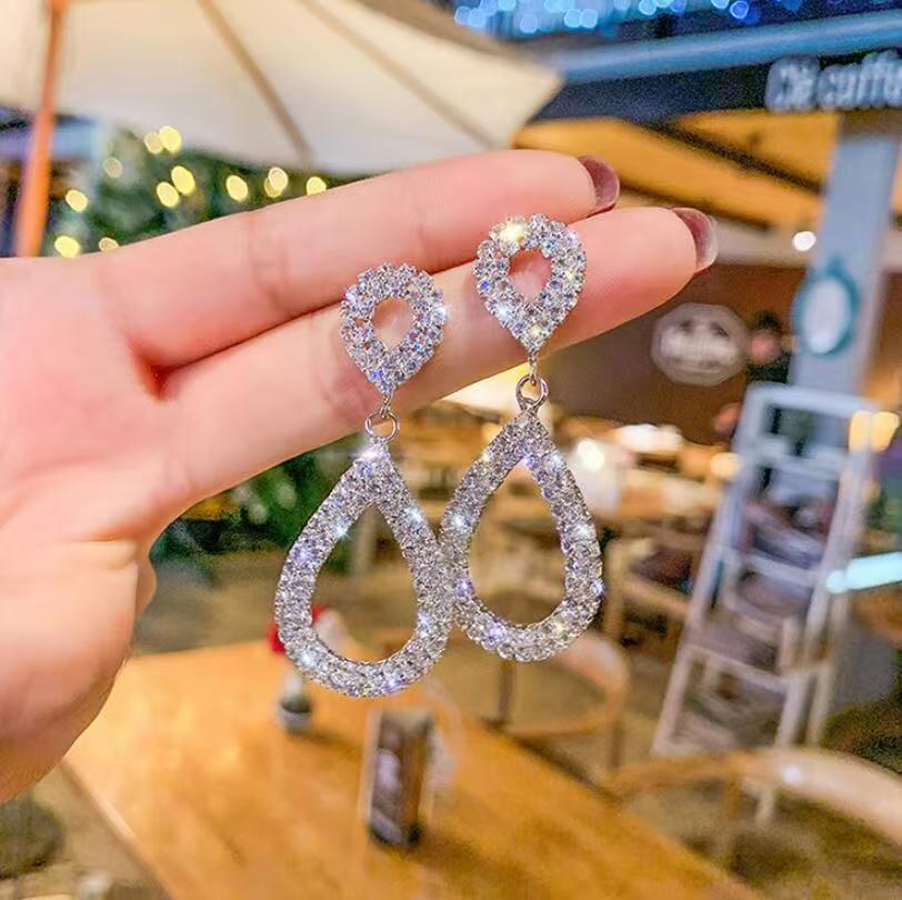 Stylish and trendy office lady style sparkling diamond teardrop earrings, Imported From China
