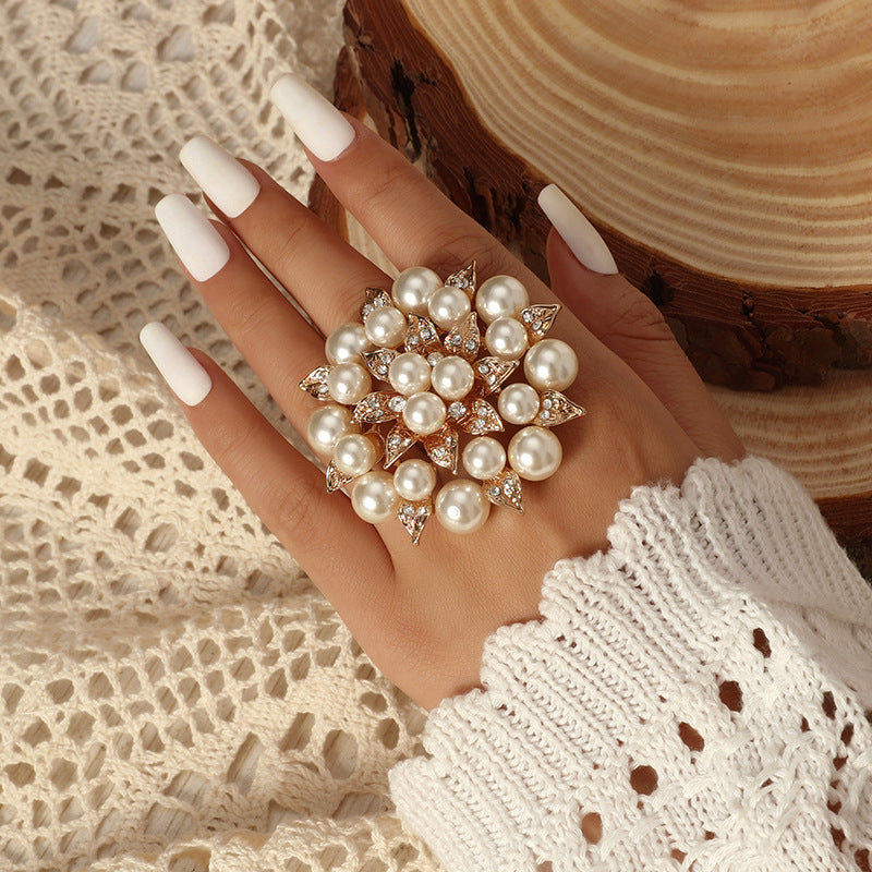 Elegant and sophisticated statement diamond and pearl floral ring, imported from china