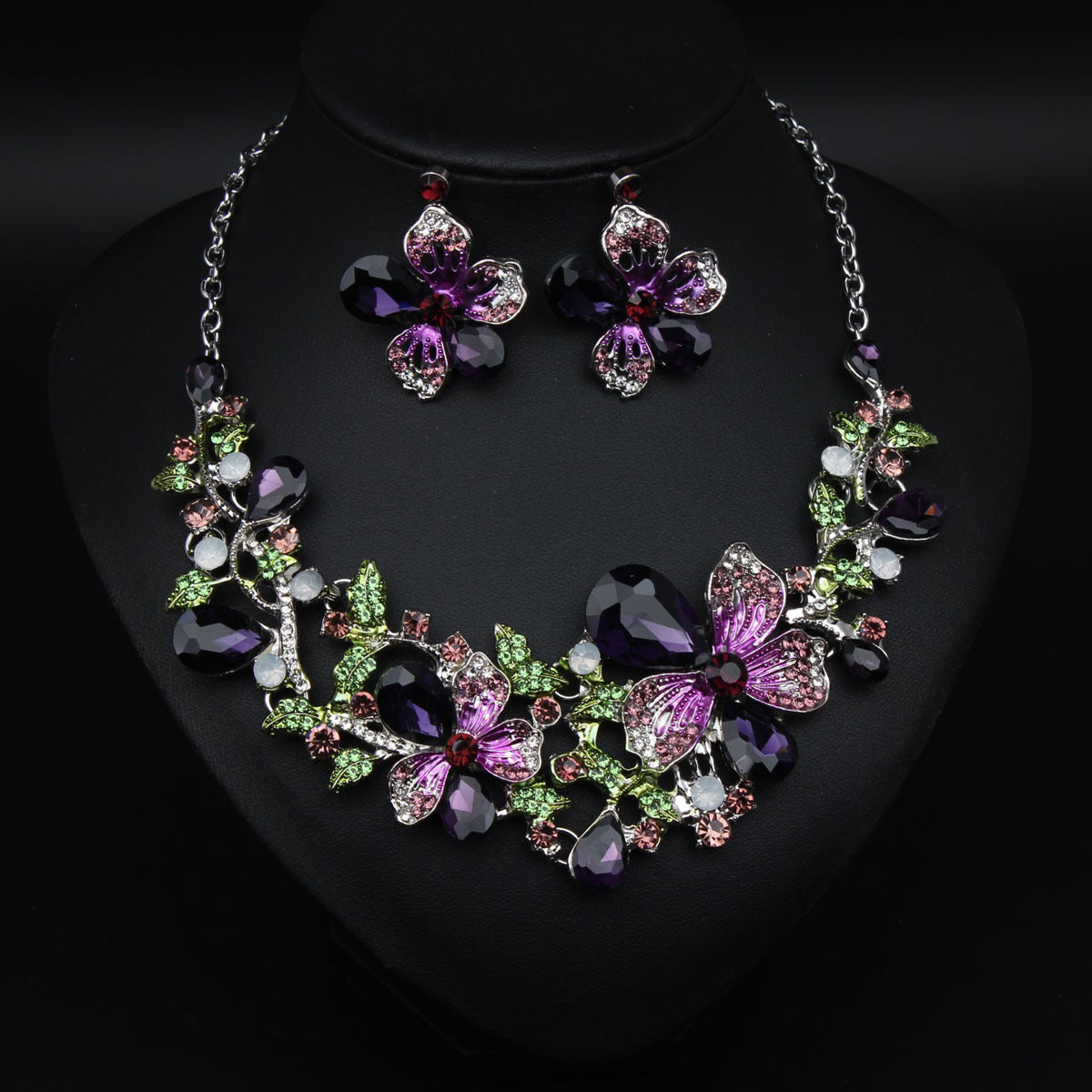 Popular style flower necklace and earring set, colorful crystal gemstone jewelry, multicolor, imported from china