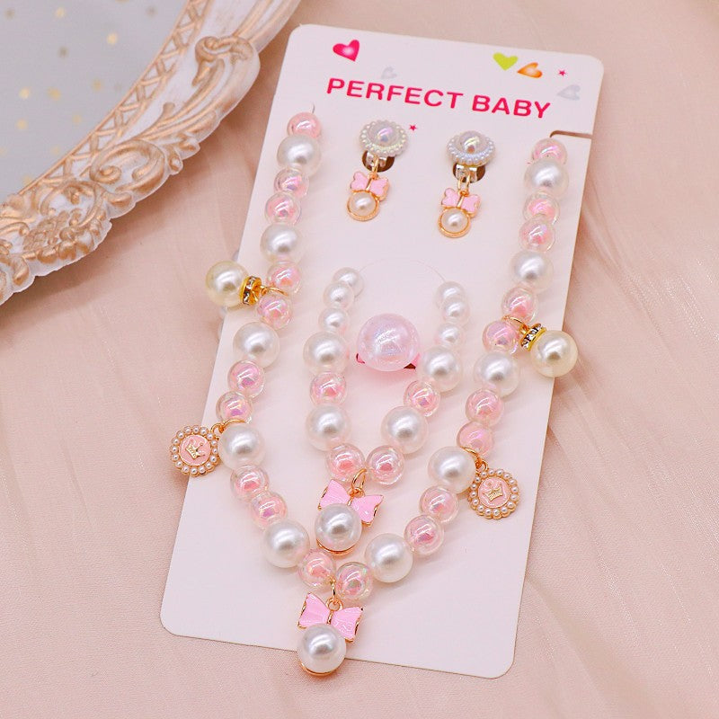 Cute children's necklace set with pearl necklace, bracelet, earrings, ring, imported from china