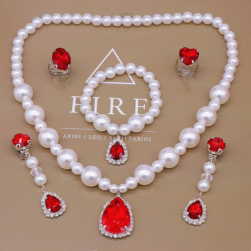 Cute children's necklace set with pearl necklace, bracelet, earrings, ring, imported from china