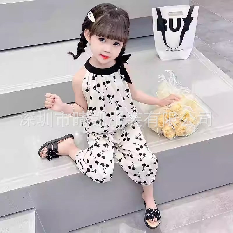 New stylish summer casual girls' suit with cherry blossom halter neck, For 1-2 Years, Imported From China