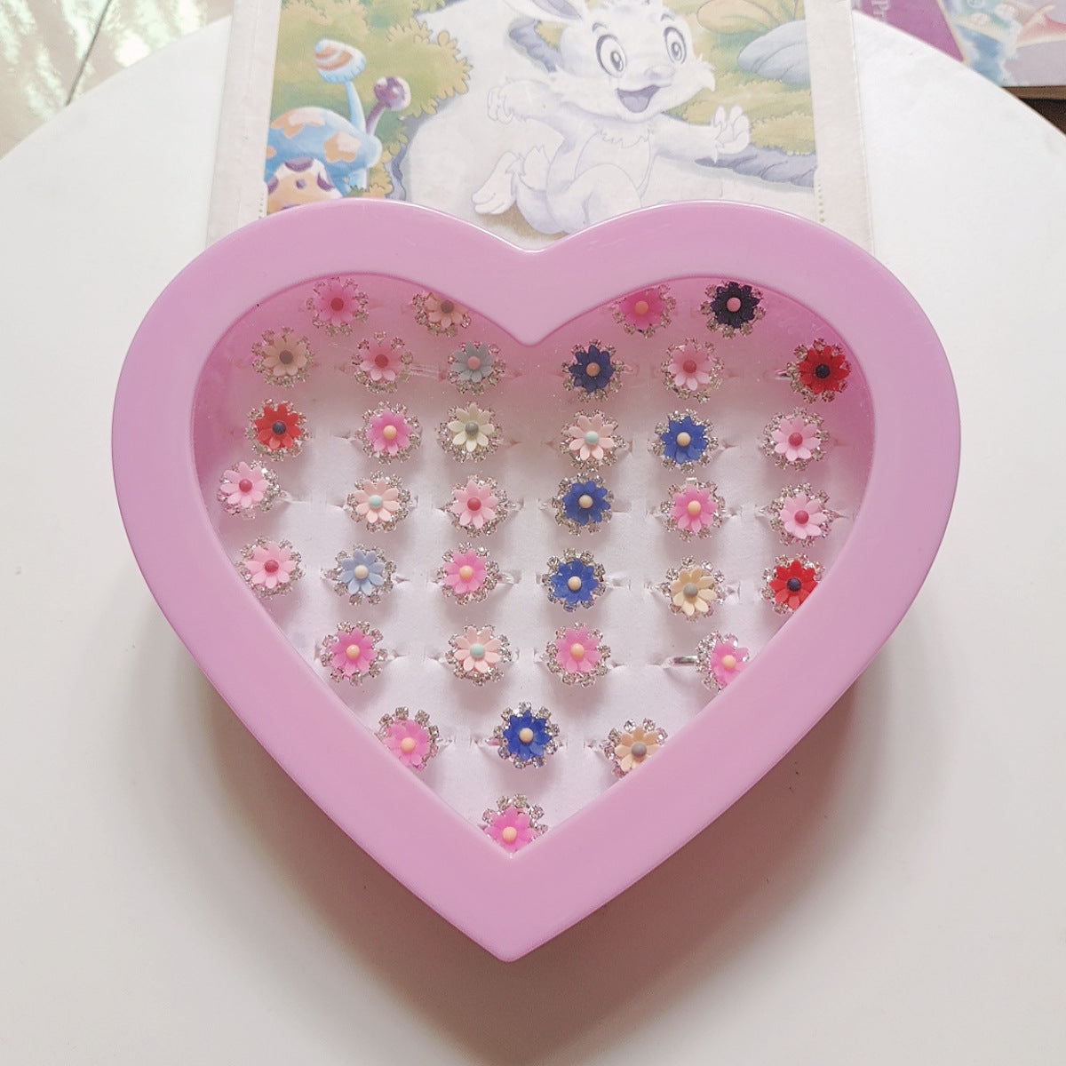 Children's ring set, rhinestone girls' exquisite ring buckle, cute baby adjustable heart box, 36 pieces imported from china