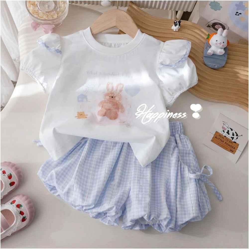 Girls Korean version set summer new cartoon printed T shirt fashionable plaid bow flower bud pants two piece set trendy for 6 years