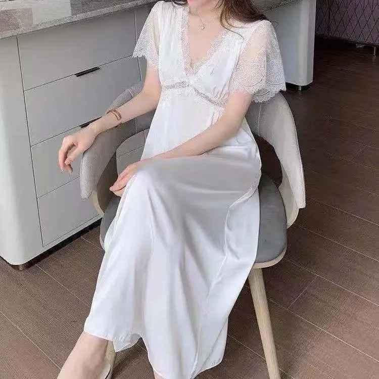 Summer Satin Night Dress Women Sleepwear With Bras Long Lace Nightgown Short Sleeve Sleepdress Loose Intimate Lingerie Nightwear