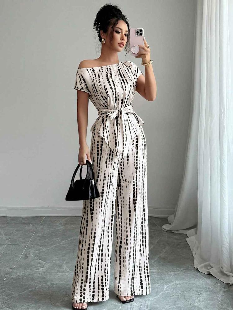 Elenzga Women's Summer Set, Asymmetrical Neck Batwing Sleeve, Drawstring Waist, Fitted Pants, Knitted Printed Fabric, Elegant And Versatile Young Style