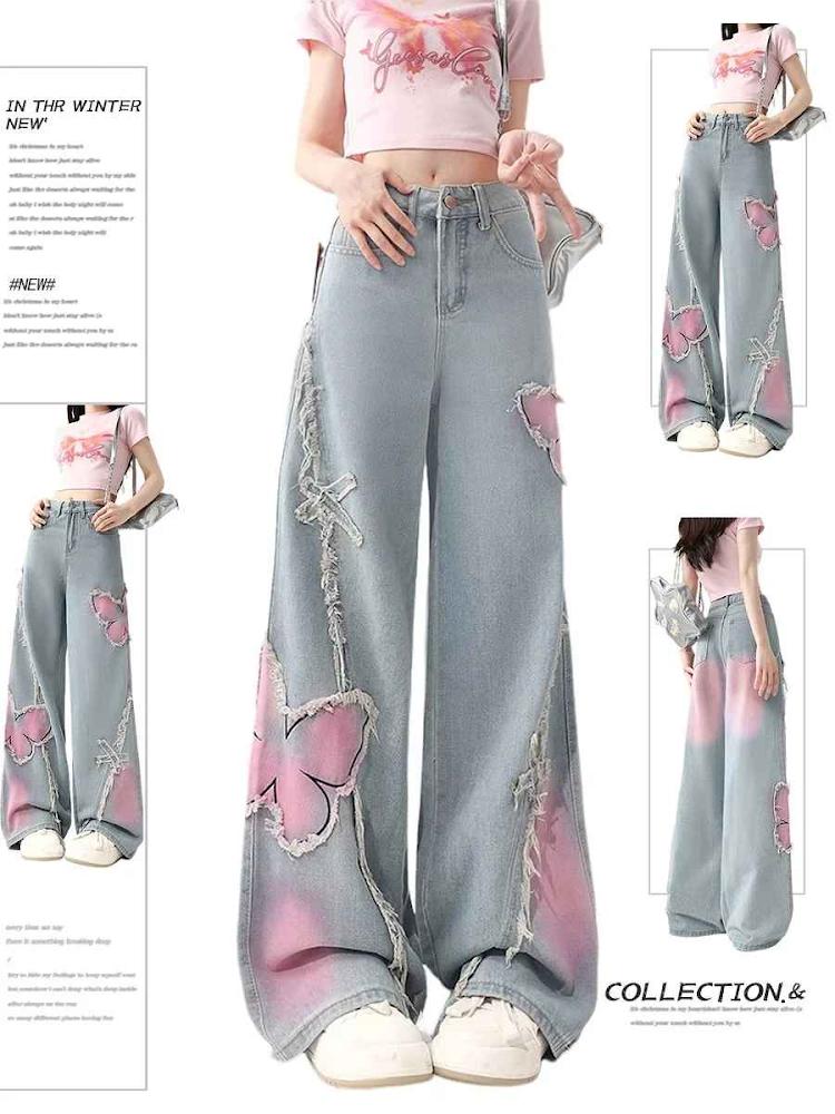 American-Style Embroidered Butterfly Gradient Wide-Leg Jeans for Women, New Chic Design with a Slimming Straight-Leg Fit for Spring and Autumn