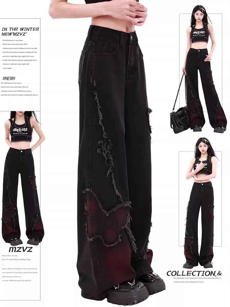 American-Style Embroidered Butterfly Gradient Wide-Leg Jeans for Women, New Chic Design with a Slimming Straight-Leg Fit for Spring and Autumn