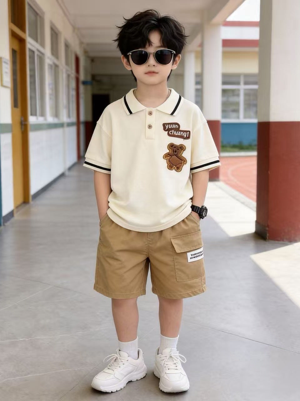 Boys' Summer Clothing Bear Embroidered Set, Baby Collared Short-Sleeved Cargo Shorts Two-Piece Set For 1-5 Years, Imported From China