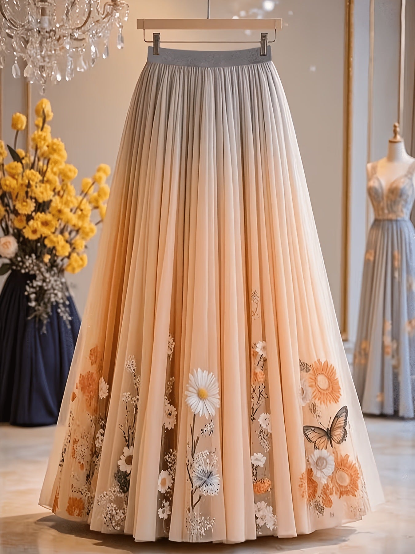 Women's slim-fitting mesh maxi skirt with butterfly and floral print, suitable for banquets, dates, and vacations.