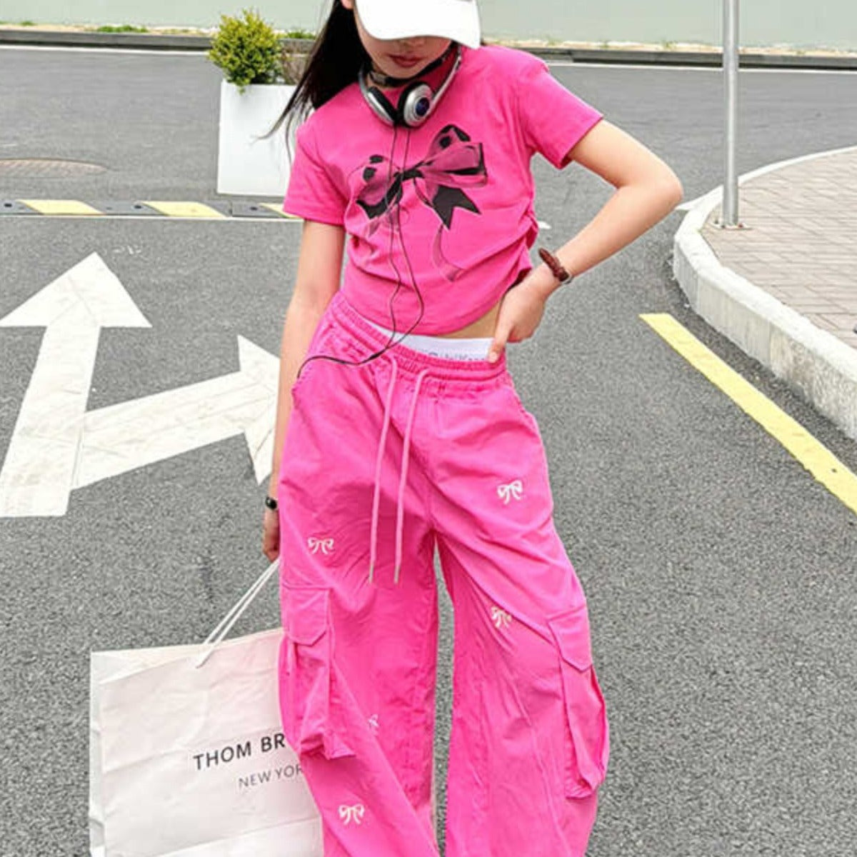 Pink Children's Tooling Pants Thin 2024 Spring New Korean Style Loose Casual Western Style Tooling Pants