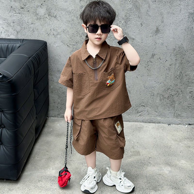 Boys' Summer Thin Polo Cartoon Print Short-Sleeve Set, For 5-6 Years, Imported From China