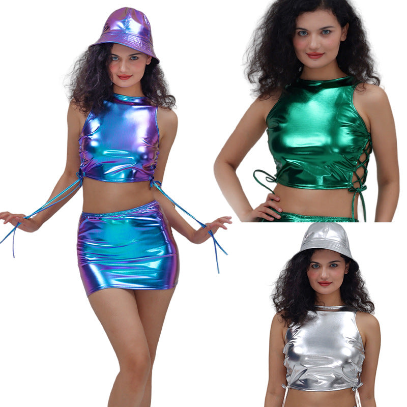 Foreign trade export bronzing patent leather costume women's sleeveless strap vest nightclub party stage clothing imported from china