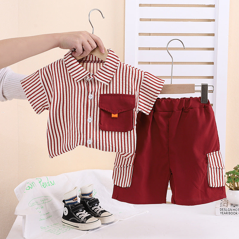 Cross-border exclusive boys' two-piece striped short-sleeved shirt set for summer for 2-4 years, imported from china