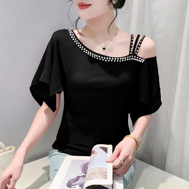 Summer Fashion One-Shoulder Design Beaded Sexy Off-Shoulder T-Shirt Short-Sleeved Slim Slim Shirt Imported From China